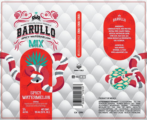 Barullo Spicy Watermelon Ready-to-Drink Cocktail 12 Pack label features bold red and teal snakes with vibrant watermelon and agave graphics, product information including ingredients, 5% alcohol content, and a government warning. This Barullo tequila cocktail stands out with its white geometric background and spotlights the bold, spicy watermelon flavors.