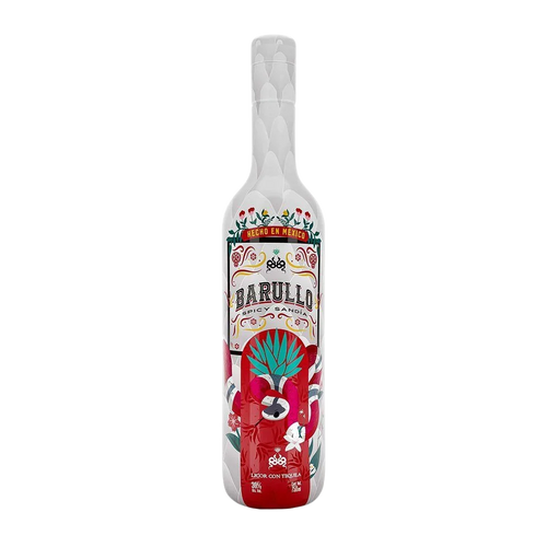 A 750ml bottle of Barullo Spicy Watermelon Sandía Liqueur—a vibrant, Mexican-inspired spirit—adorned with a colorful label displaying watermelon, chili, and agave illustrations, and “Hecho en Mexico” text at the top.